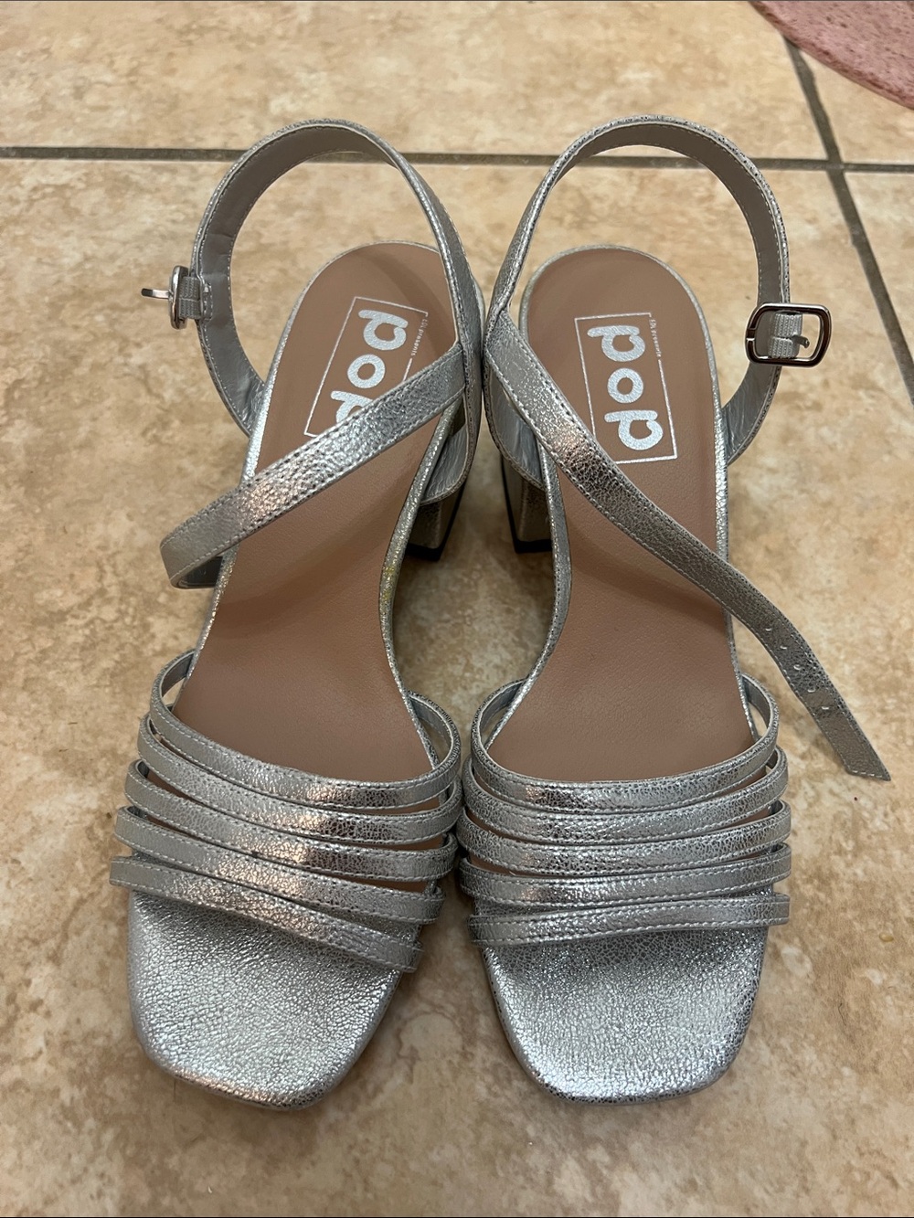 pop Metallic Silver Strappy Block Heel Sandals